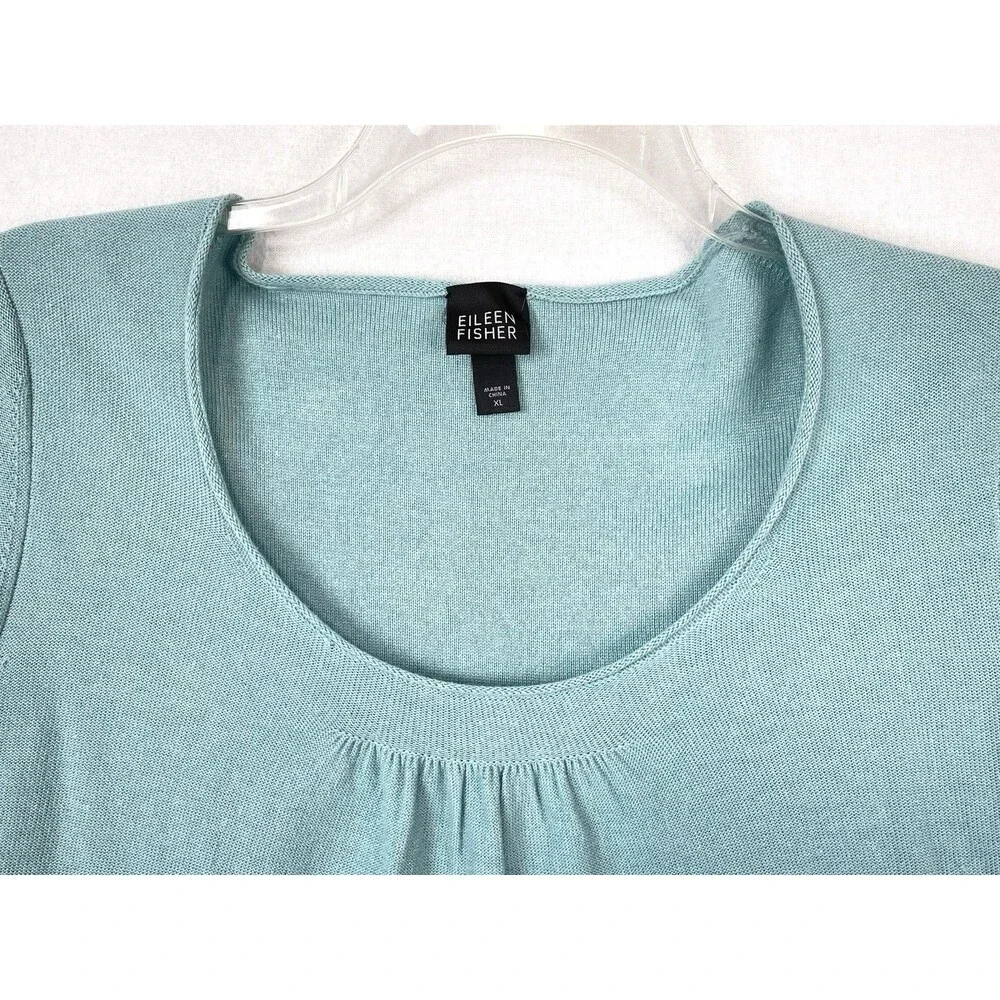 Eileen Fisher Cashmere Tunic XL Italian Silk Blue Knit Scoop Neck Long Sleeve